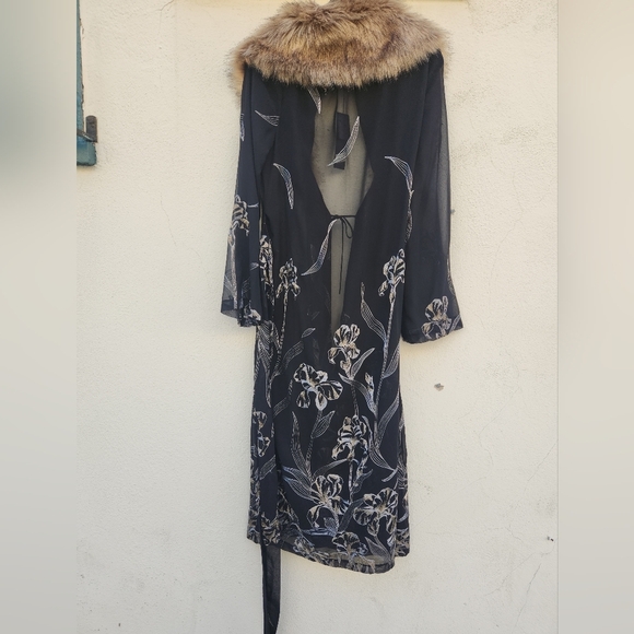 BCBGMaxAzria Sheer Embroidered Fur Trim Kimono - Picture 4 of 13